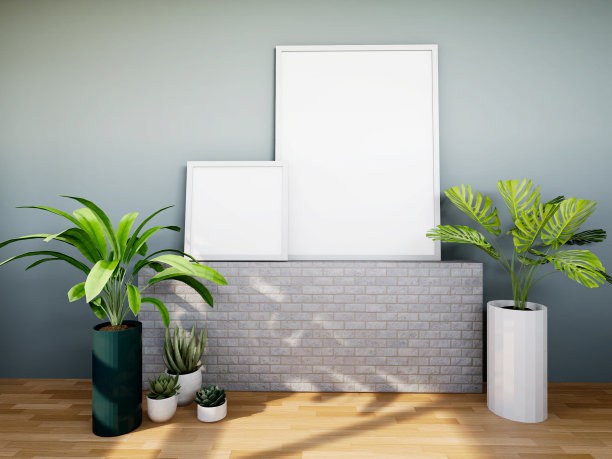 客厅现代室内木地板海报框架的模拟与一些树木隔离在光背景，3D渲染，3D插图图片下载