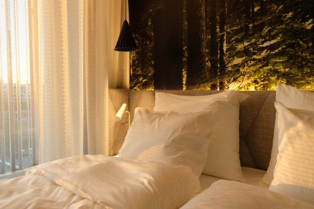 现代家居或酒店室内设计的卧室碎片，配有床头柜、阅读灯和USB插座。柔软的枕头和毯子，时尚舒适的家具。阳光和阳光阴影。图片下载