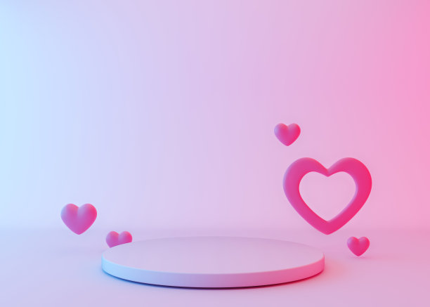 粉色的领奖台上，红心在空中飞舞，霓虹灯闪烁。情人节，母亲节，婚礼。产品、化妆品展示的讲台。模拟。基座或平台3 d渲染。图片下载