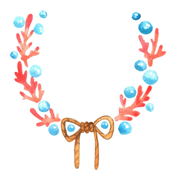 珊瑚，泡泡和绳蝴蝶结水彩画花环装饰夏季圣诞假期。图片下载