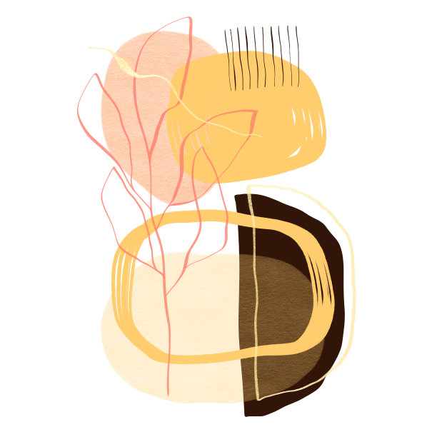 抽象的现代手绘艺术。孤立的白色背景。斑点，污点，条纹，凹凸不平的形状，数字，波浪线。金元素。图片下载