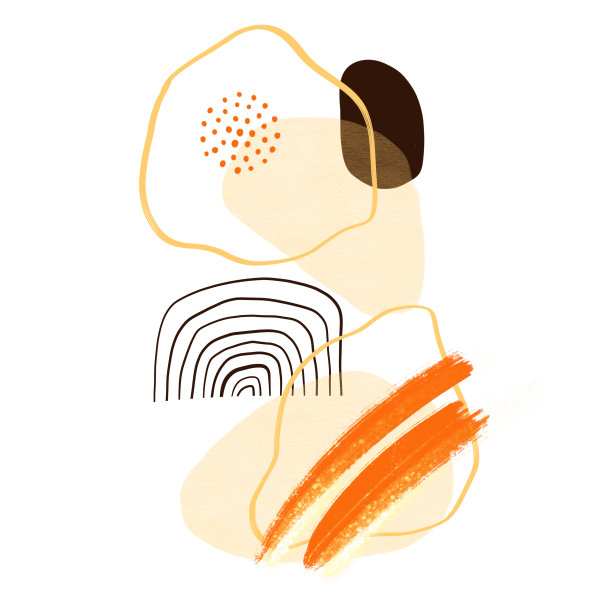 抽象的现代手绘艺术。孤立的白色背景。斑点，污点，条纹，凹凸不平的形状，数字，波浪线。金元素。图片下载