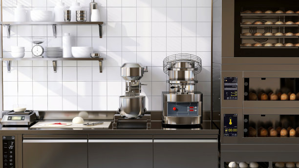 工业烘焙厨房配有揉面和搅拌机，新型专业不锈钢设备，面包面团在制造烤箱图片下载