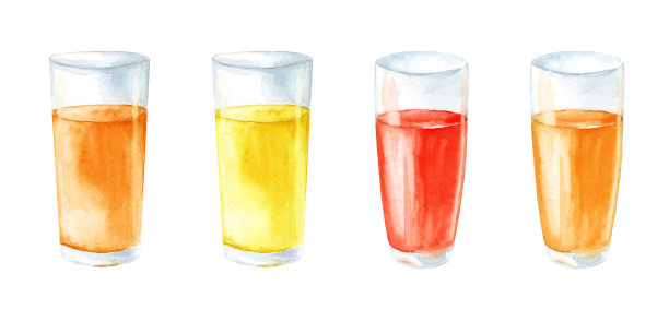 玻璃杯盛鲜榨橙汁、柠檬汁、番茄汁图片下载