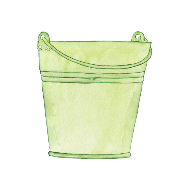 水彩金属花园桶。白色背景上的绿色桶。手绘插图。图片下载