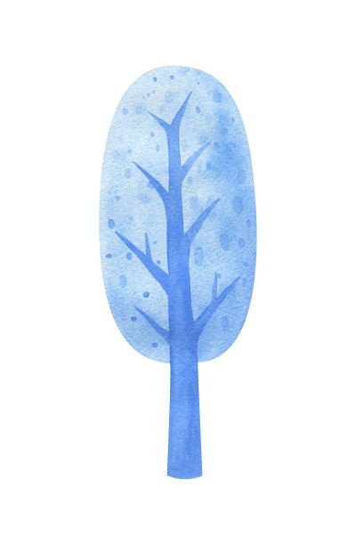 冬天树水彩剪纸。雪中的落叶树的插图。冬季公园和森林景观的植物。蓝色树的独立图像，手绘的图片下载