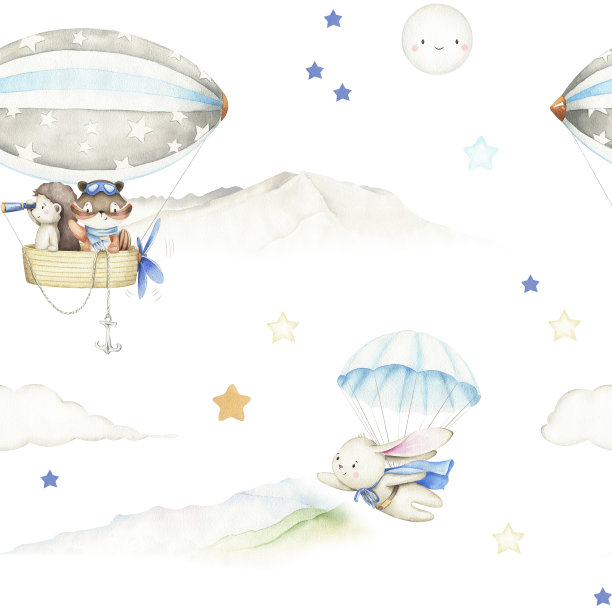 可爱的野生动物宝宝无缝图案。热气球，降落伞，山，手绘插图在白色背景。用于印刷，明信片，纺织品，邀请函图片下载