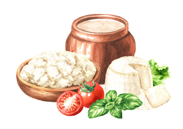 纯天然的乳制品。奶油牛奶，白软干酪，乳清干酪。手绘水彩插图，孤立在白色背景图片下载