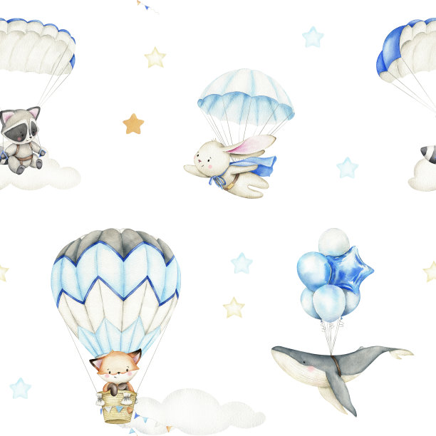 天空冒险无缝模式。小狐狸、小浣熊、小兔子、小鲸鱼在天空中飞翔。热气球，降落伞，可爱的野生动物宝宝，手绘插画。用于印刷，明信片，贺卡，纺织品，包装纸。图片下载