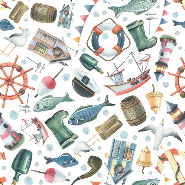 灯塔，船，方向盘，锚，鱼和物体的主题海上捕鱼。水彩插图。白色背景上的无缝图案。用于印刷品的装饰和设计。图片下载