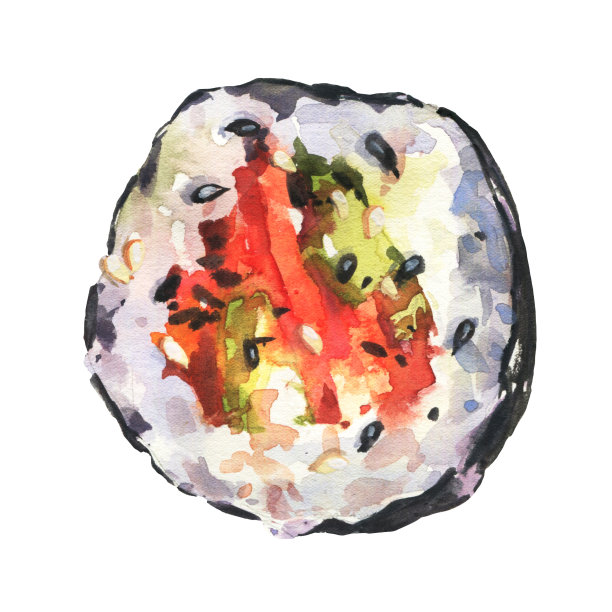 水彩寿司寿司配三文鱼，鳄梨和奶油芝士。经典日式卷。图片下载