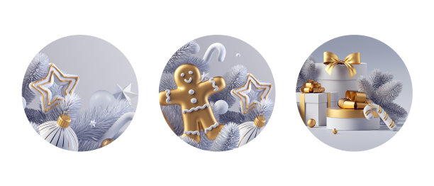 3d渲染，收集各式各样的圆形圣诞标签，节日的白色和金色剪辑艺术。假日贴纸图片下载