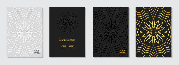 封面集，垂直模板。收藏复古浮雕几何背景与花卉3D图案，部落金色纹理，压纸，涂鸦和zentangle风格。民族图案。图片下载