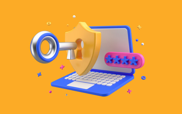 防火墙数字保护屏蔽密码概念与笔记本电脑。授权密钥，黄色背景的网络安全笔记本。三维渲染图片下载