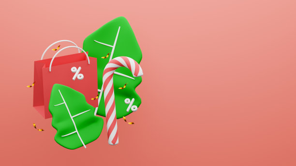 3 d渲染。圣诞和新年快乐的购物纸袋和冬青绿色的叶子，圣诞节日组成在红色的背景。图片下载