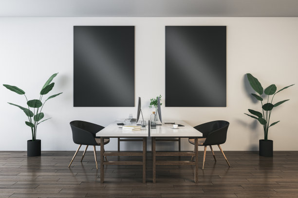 现代联合办公室内与白色墙壁上的空黑色模拟屏幕，书桌，电脑，椅子，装饰项目，植物和用品。模拟，3D渲染。图片下载