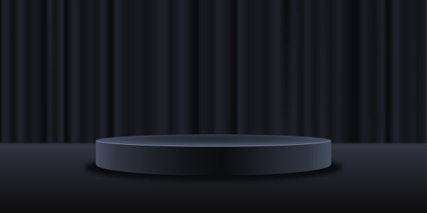 舞台窗帘和逼真的黑暗平台。关闭的窗帘和舞台，空的底座。产品展示的3d平台或展示的场所。图片下载