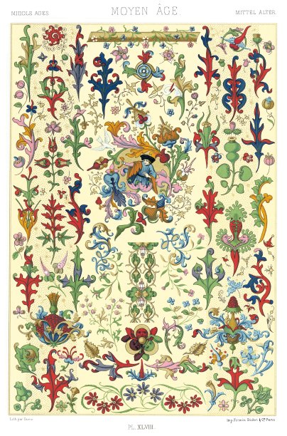 中世纪- 15世纪-传统植物和花卉作品(超过50个图案)，彩色装饰1885。图片下载