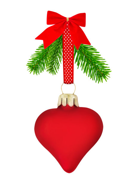 白色背景上带有红心和冷杉树枝的圣诞节装饰图片下载