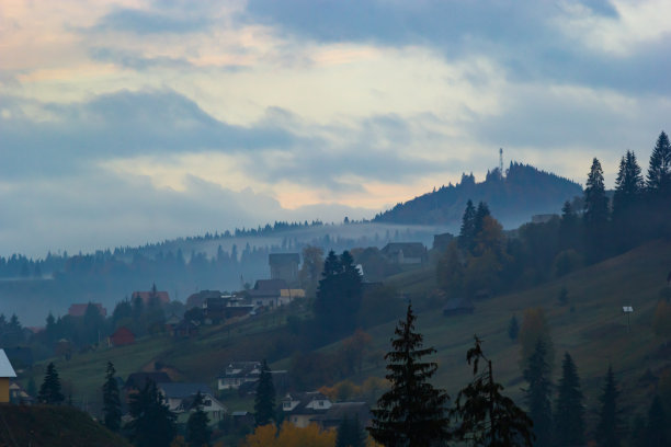 山间有雾的秋景。山上有冷杉林。喀尔巴阡人，乌克兰，欧洲。高画质照片图片下载