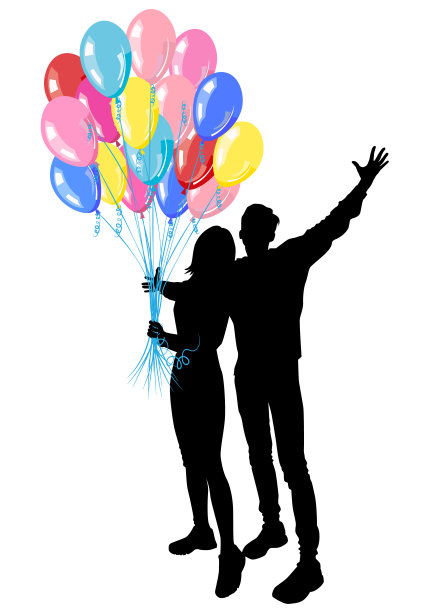 一对年轻人，一个男孩和一个女孩正拿着一堆白色背景的彩色氦气球图片下载