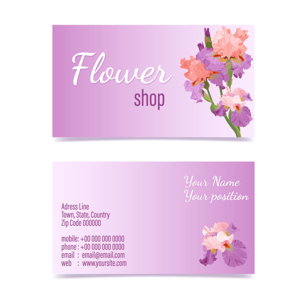 名片模板与粉红色和丁香鸢尾花的花店图片下载