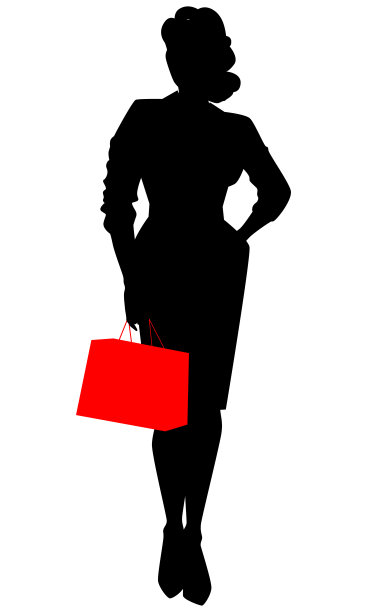 穿着裙子和高跟鞋的女性轮廓，拿着一个红色的包裹，矢量图片下载