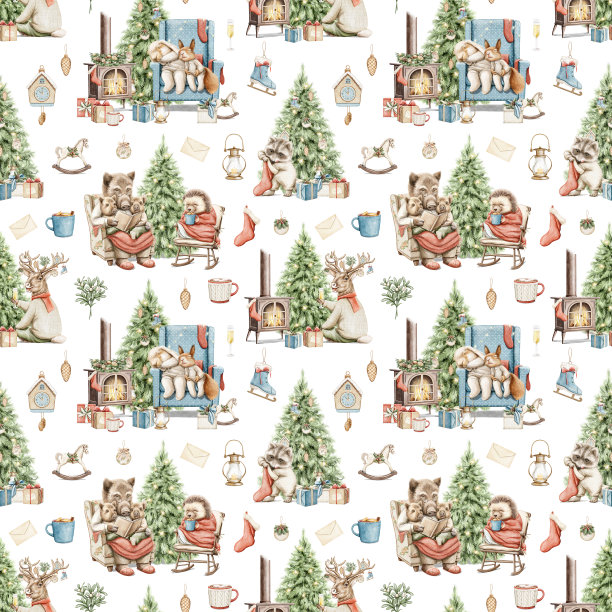 水彩卡通无缝图案与圣诞动物和物体图片下载