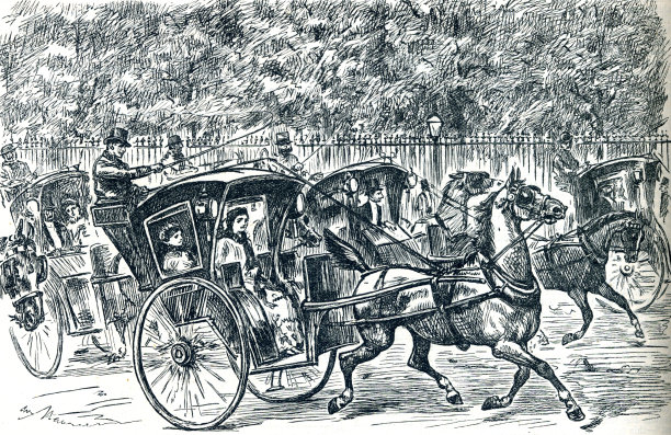 交通高峰时刻，马车穿梭于十九世纪维多利亚时代的英格兰图片下载