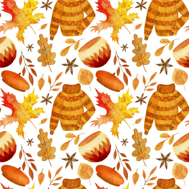 水彩无缝图案，各种秋季元素在白色的背景。图片下载
