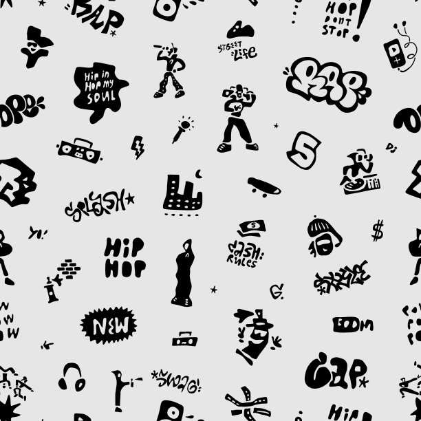 说唱音乐，涂鸦，街头风格-无缝矢量背景与图标图片下载