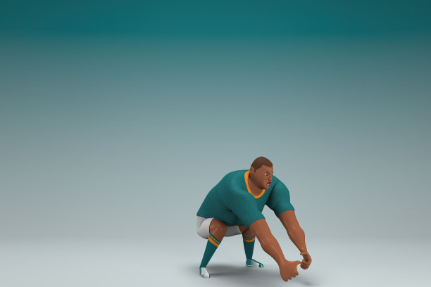 穿着绿色衬衫和白色裤子的运动员。他在拉或推什么东西。动画角色在表演中的三维渲染。图片下载