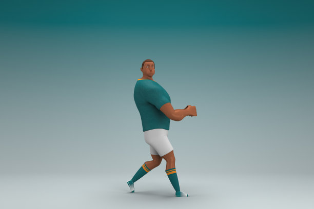 穿着绿色衬衫和白色裤子的运动员。他在拉或推什么东西。动画角色在表演中的三维渲染。图片下载