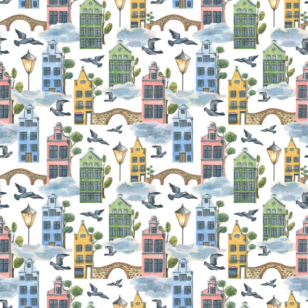 欧洲的房子、桥、树、云和鸽子。水彩插图。白色背景上的无缝图案。用于织物，纺织品，墙纸，印刷品，封面，旅游小册子，儿童房图片下载