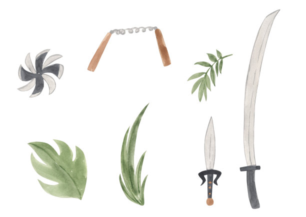 水彩忍者元素，儿童插画图片下载