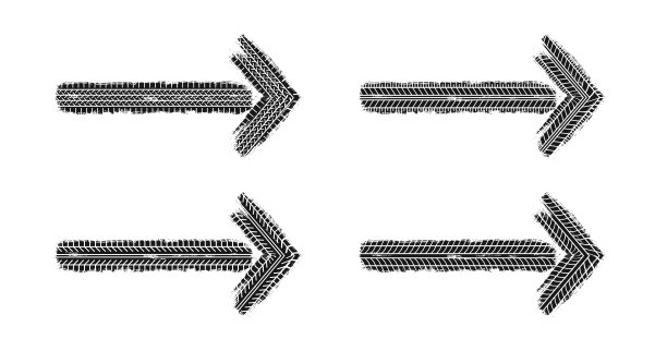 汽车轮胎胎面垃圾箭。汽车和摩托车轮胎图案，车轮轮胎胎面轨迹。方向箭头。黑色轮胎印。矢量插图孤立在白色背景上图片下载