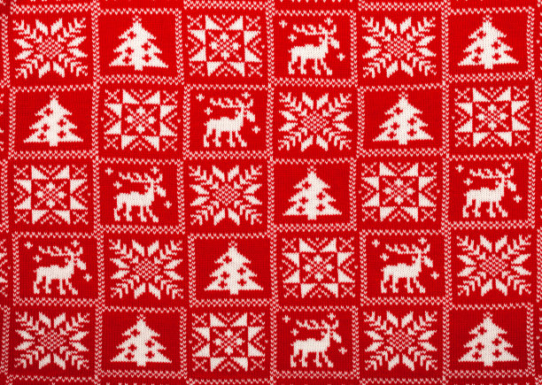 红色针织面料与白色传统圣诞几何装饰图片下载