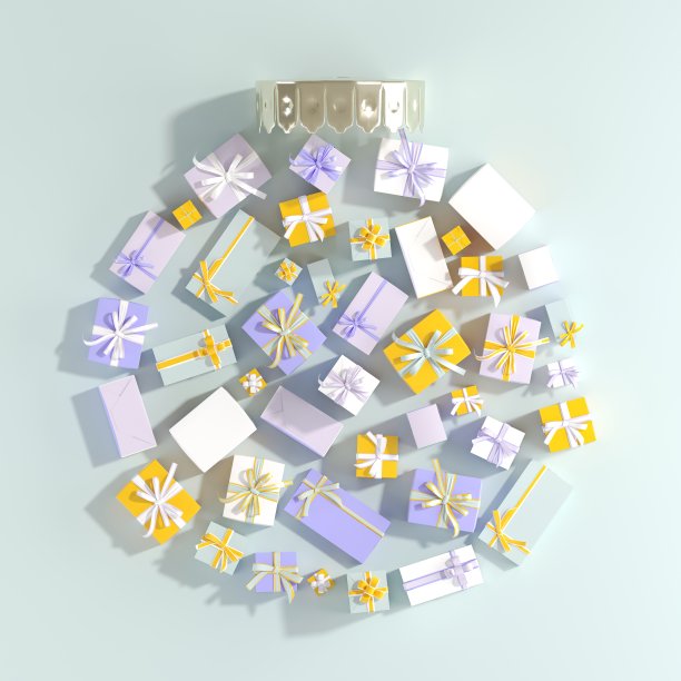 圣诞物品摆放在圣诞小玩意的形状由紫罗兰色礼品盒。3 d渲染。简约的圣诞想法。图片下载