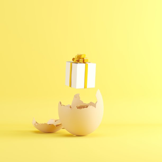 白色礼盒与黄色丝带鸡蛋在黄色背景。3 d渲染。简约的圣诞理念。副本的空间。图片下载