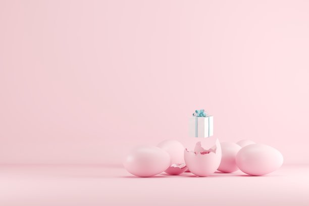 白色礼盒的粉红色鸡蛋在粉红色的背景。3 d渲染。简约的圣诞理念。副本的空间。图片下载