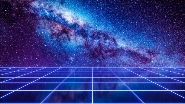 未来空间背景与空间背景上的复古网格- 3D渲染图片下载