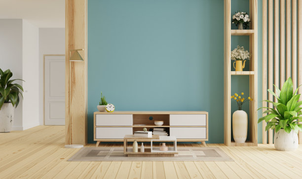 蓝色背景的现代客厅电视柜。图片下载