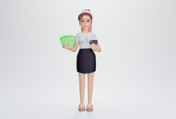 3 d渲染。商业金融和就业企业家和金钱概念成功高兴的女商人赚取现金微笑满意地展示美元和信用卡图片下载