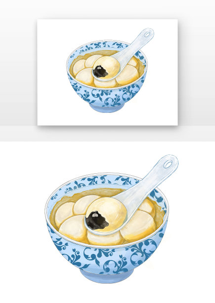 蓝色花纹陶瓷碗芝麻馅汤圆汤匙图片下载