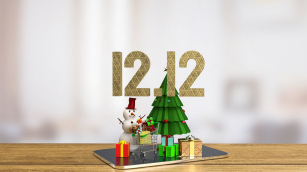 12.12金色文字和圣诞树为广告概念3d渲染图片下载