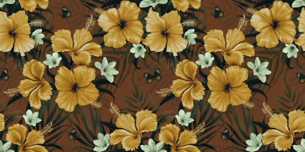 复古花无缝模式。热带墙纸，芙蓉花，棕榈叶，蝴蝶。奢华的植物背景。手绘，3d插图。壁纸，织物的优质设计图片下载