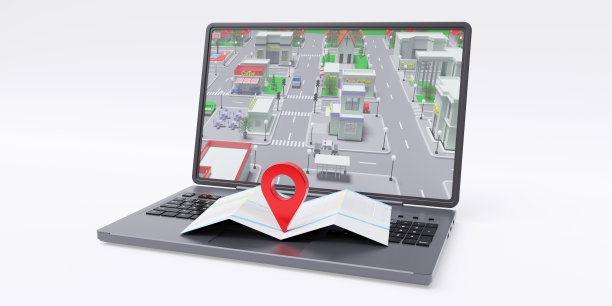 导航的应用程序。电脑笔记本隔离在白色。在地图上钉上GPS定位。图片下载