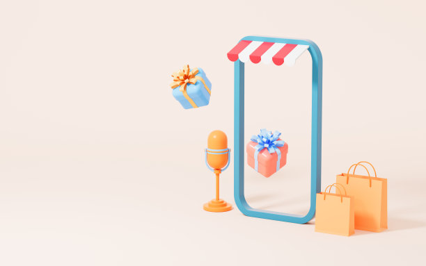 在线直播购物，卡通主题购物，3d渲染。图片下载