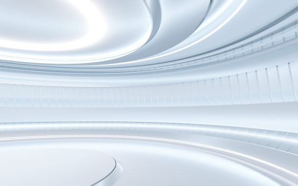 白色电视演播室与反射圆形墙壁和明亮的霓虹灯图片下载