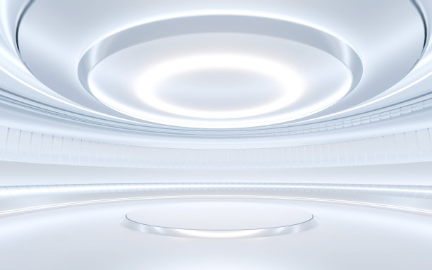 白色电视演播室与中央空舞台和明亮的霓虹灯图片下载